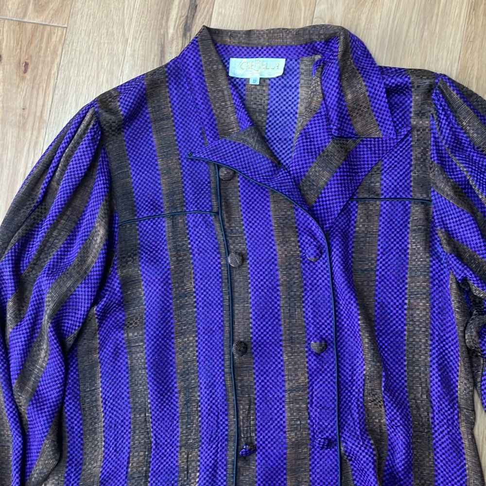 Vintage double breasted puff sleeve Shirt in Purple/Black/brown check   Sz 12 - Picture 3 of 9